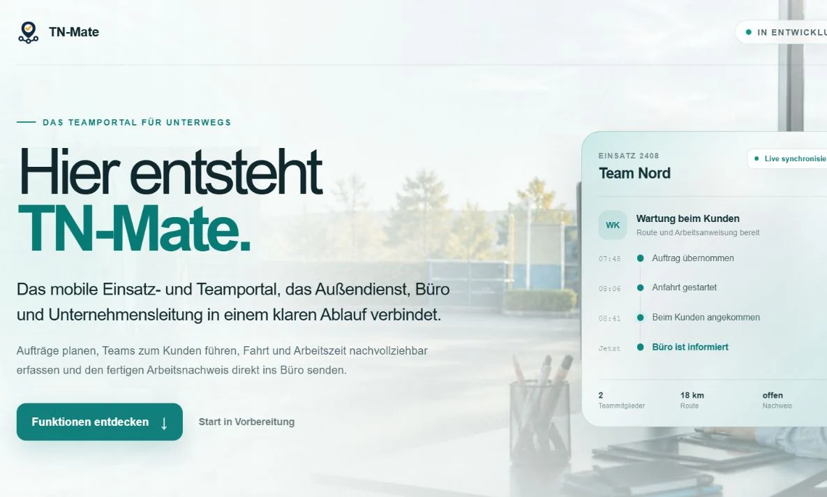 Echte Entwicklungsansicht des TNMate-Portals